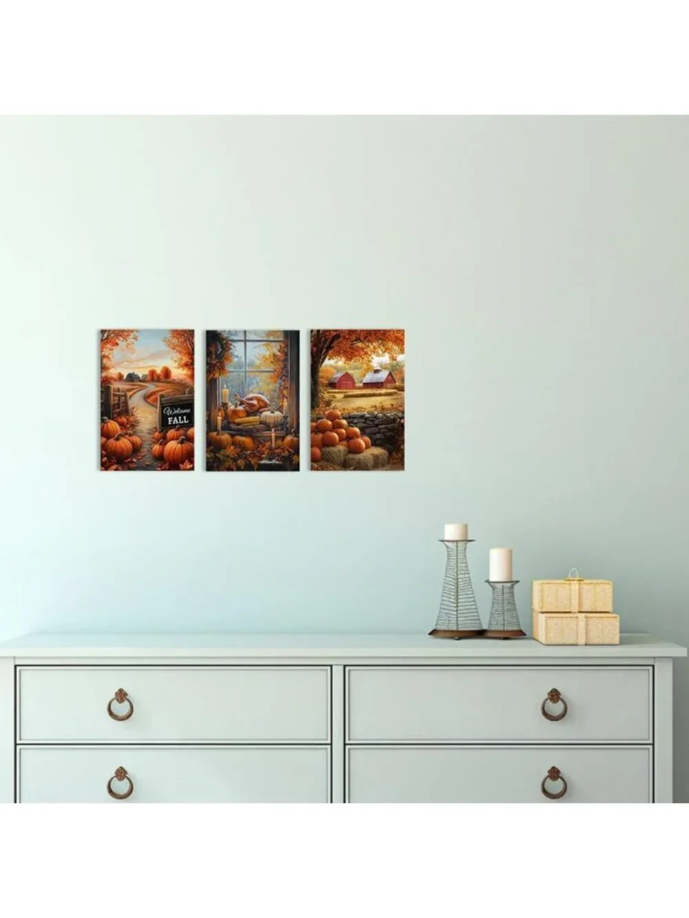 Autumn Farmhouse Wall Art Set of 3 - Barn & Pumpkin Canvas Prints, Rustic Decor